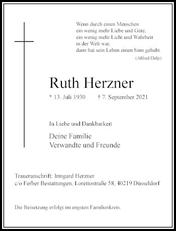 Traueranzeige von Ruth Herzner von Rheinische Post