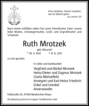 Traueranzeige von Ruth Mrotzek von Rheinische Post