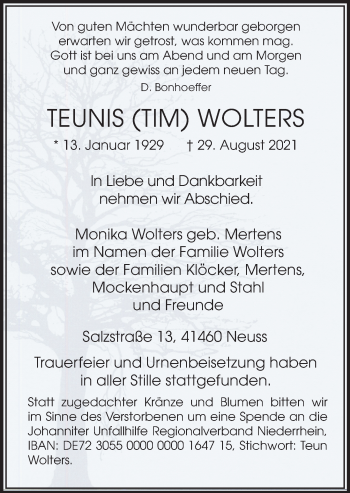 Traueranzeige von Teunis Wolters von Rheinische Post