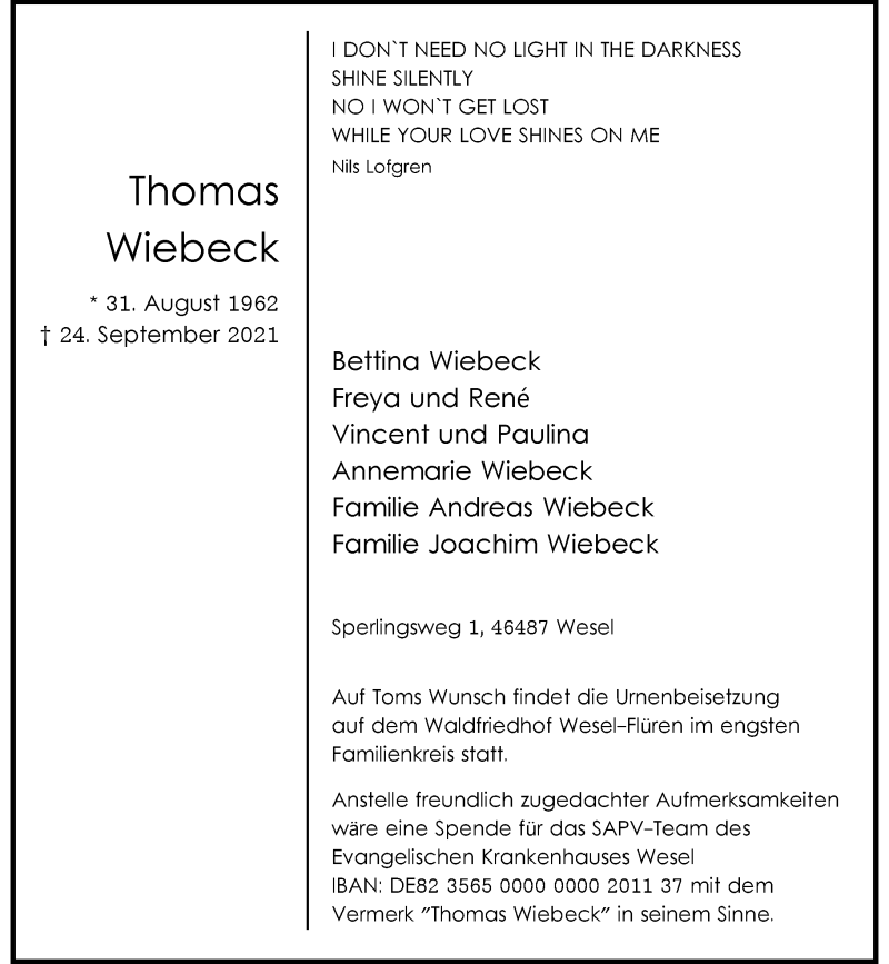  Traueranzeige für Thomas Wiebeck vom 02.10.2021 aus Rheinische Post