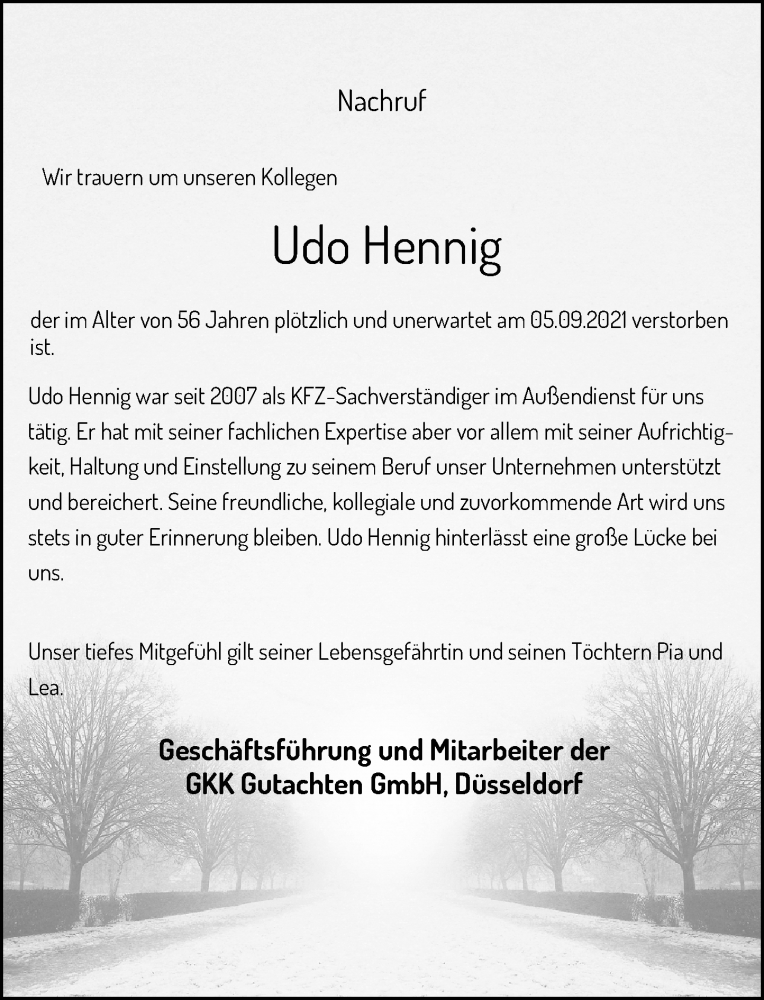  Traueranzeige für Udo Hennig vom 11.09.2021 aus Rheinische Post