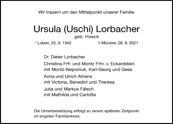 Traueranzeige von Ursula  Lorbacher von Rheinische Post