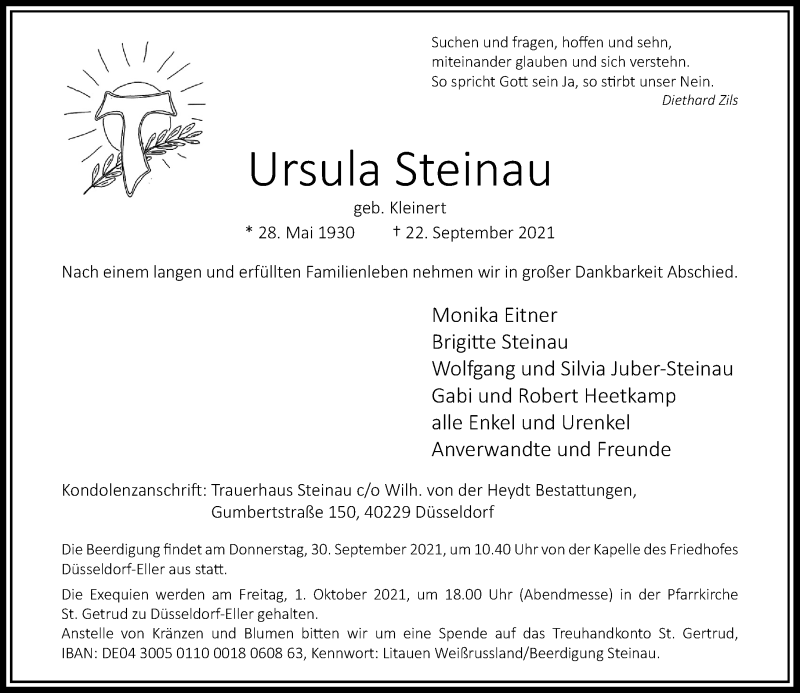  Traueranzeige für Ursula Steinau vom 25.09.2021 aus Rheinische Post