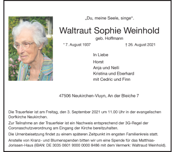 Traueranzeige von Waltraut Sophie Weinhold von Rheinische Post