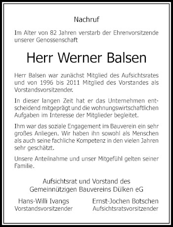 Traueranzeige von Werner Balsen von Rheinische Post