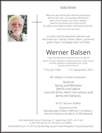 Traueranzeige von Werner Balsen von Rheinische Post
