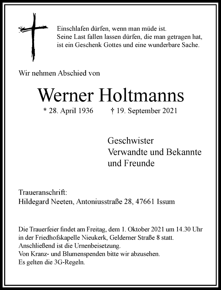  Traueranzeige für Werner Holtmanns vom 25.09.2021 aus Rheinische Post