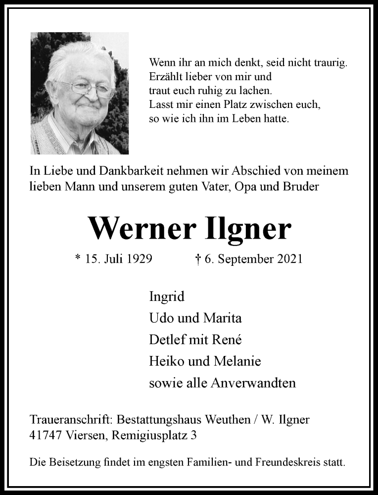  Traueranzeige für Werner Ilgner vom 11.09.2021 aus Rheinische Post