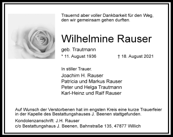 Traueranzeige von Wilhelmine Rauser von Rheinische Post