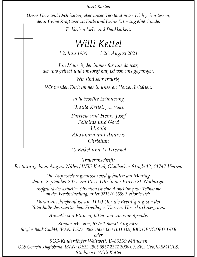 Traueranzeige für Willi Kettel vom 01.09.2021 aus Rheinische Post