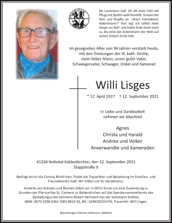 Traueranzeige von Willi Lisges von Rheinische Post