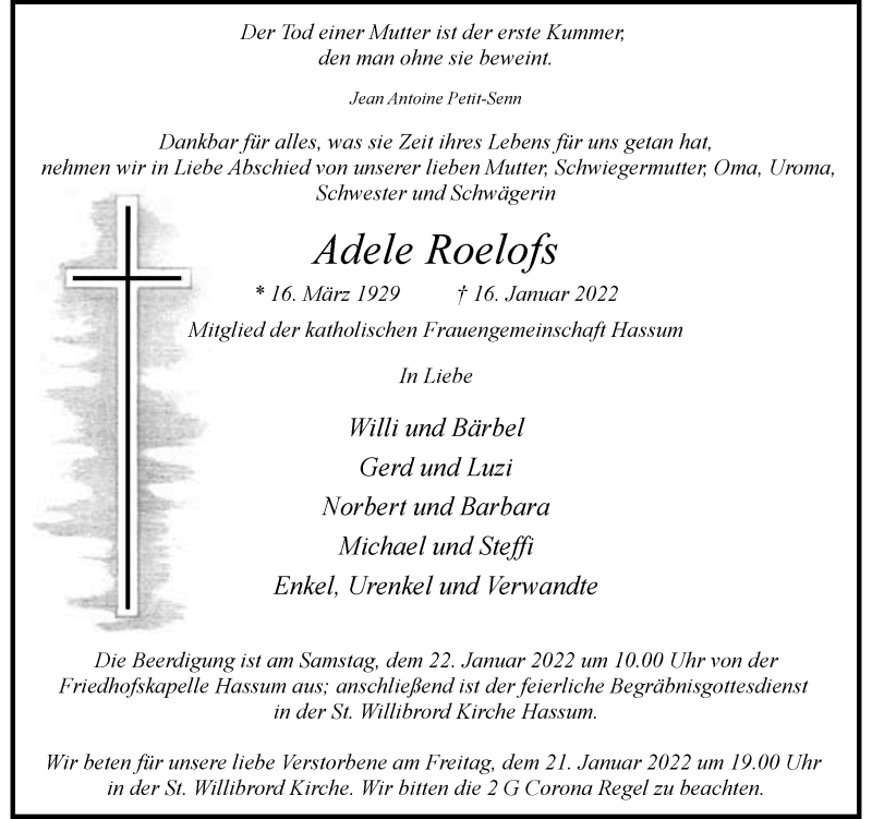  Traueranzeige für Adele Roelofs vom 19.01.2022 aus Rheinische Post