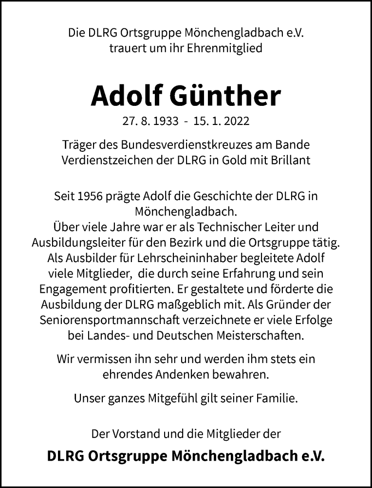  Traueranzeige für Adolf Günther vom 22.01.2022 aus Rheinische Post