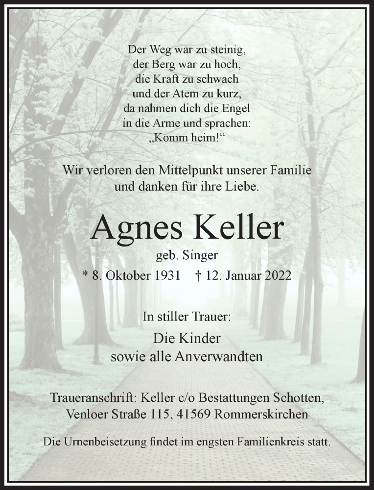  Traueranzeige für Agnes Keller vom 15.01.2022 aus Rheinische Post