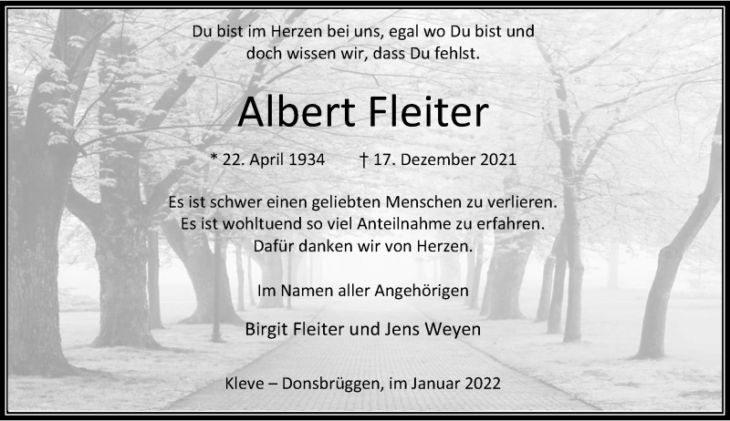  Traueranzeige für Albert Fleiter vom 29.01.2022 aus Rheinische Post