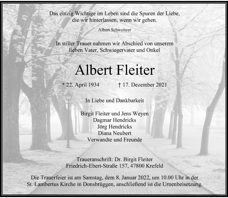  Traueranzeige für Albert Fleiter vom 07.01.2022 aus Rheinische Post