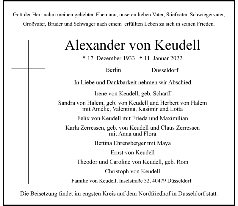  Traueranzeige für Alexander von Keudell vom 15.01.2022 aus Rheinische Post