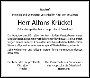 Traueranzeige von Alfons Krückel von Rheinische Post