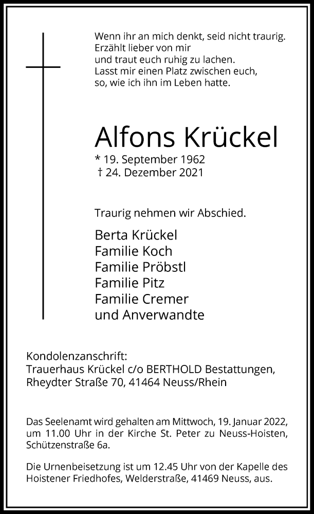  Traueranzeige für Alfons Krückel vom 15.01.2022 aus Rheinische Post