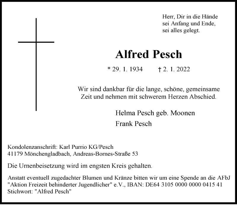  Traueranzeige für Alfred Pesch vom 08.01.2022 aus Rheinische Post