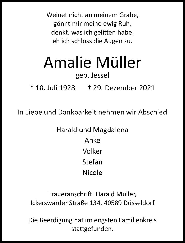  Traueranzeige für Amalie Müller vom 12.01.2022 aus Rheinische Post