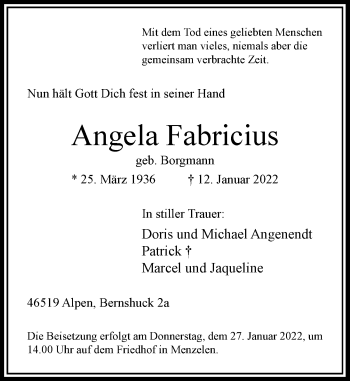 Traueranzeige von Angela Fabricius von Rheinische Post