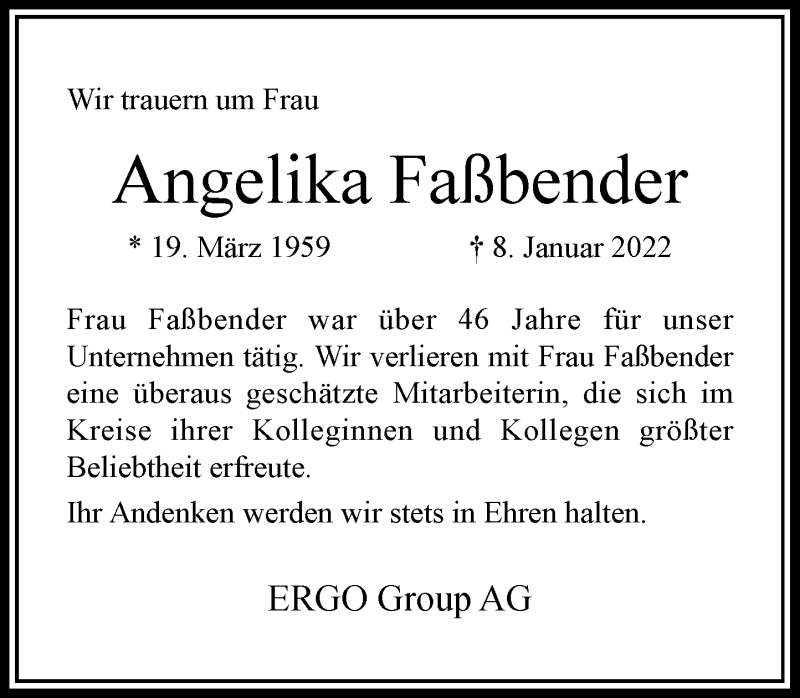  Traueranzeige für Angelika Faßbender vom 19.01.2022 aus Rheinische Post