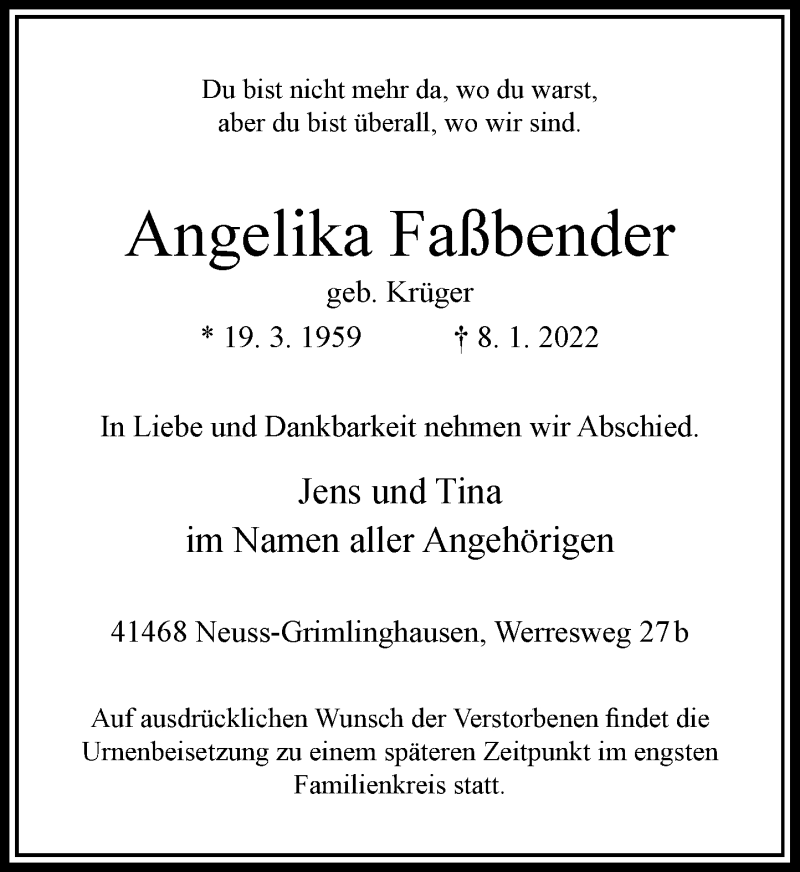  Traueranzeige für Angelika Faßbender vom 12.01.2022 aus Rheinische Post