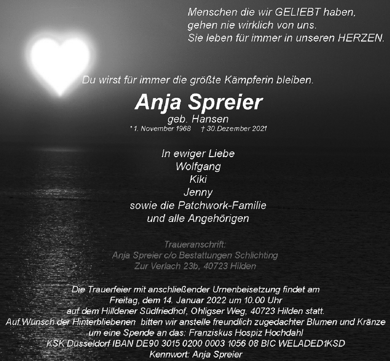  Traueranzeige für Anja Spreier vom 12.01.2022 aus Rheinische Post