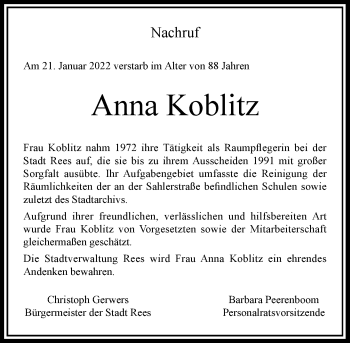 Traueranzeige von Anna Koblitz von Rheinische Post
