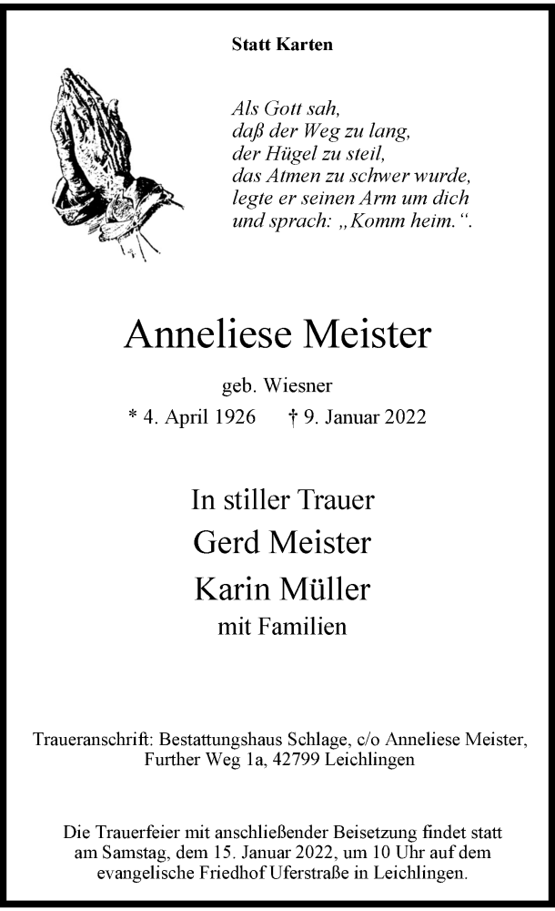  Traueranzeige für Anneliese Meister vom 13.01.2022 aus Rheinische Post