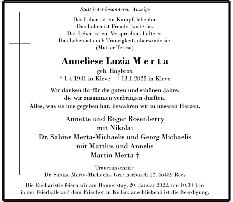  Traueranzeige für Anneliese Luzia Merta vom 18.01.2022 aus Rheinische Post