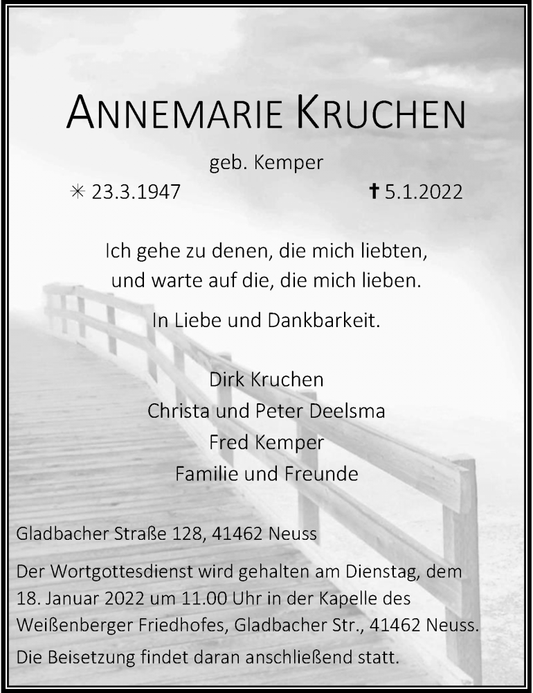  Traueranzeige für Annemarie Kruchen vom 12.01.2022 aus Rheinische Post