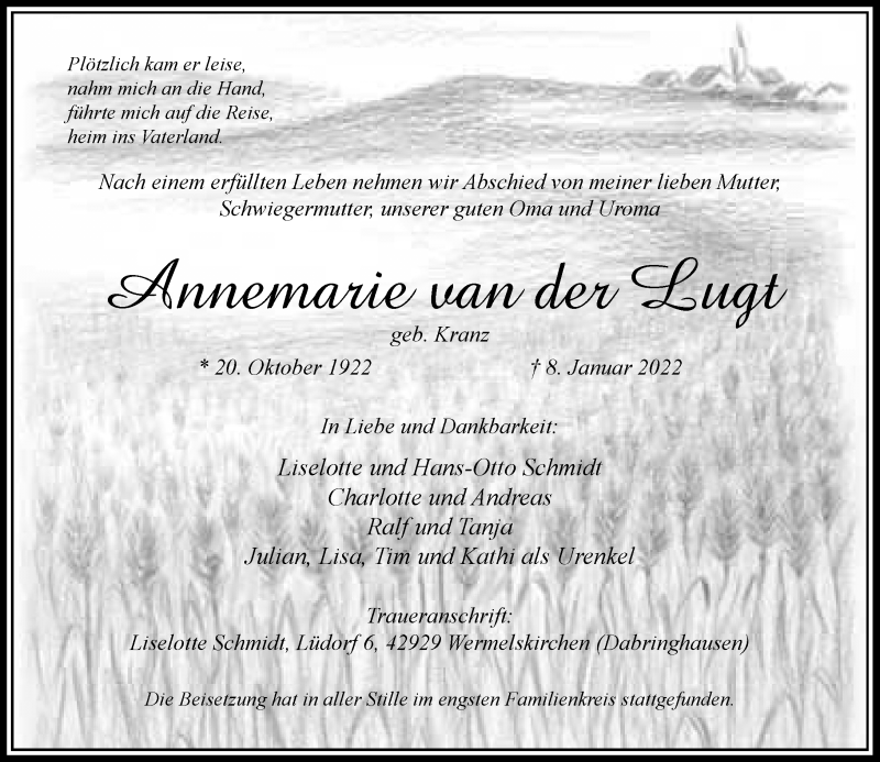  Traueranzeige für Annemarie  van der Lugt vom 15.01.2022 aus Rheinische Post