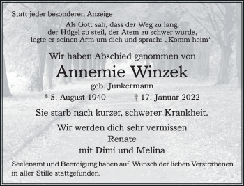 Traueranzeige von Annemie Winzek von Rheinische Post