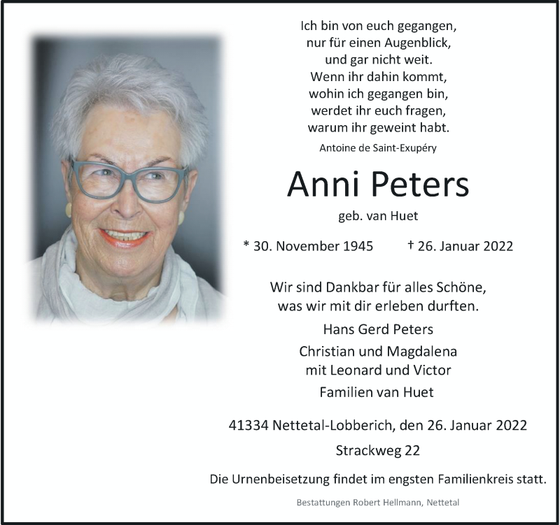  Traueranzeige für Anni Peters vom 29.01.2022 aus Rheinische Post