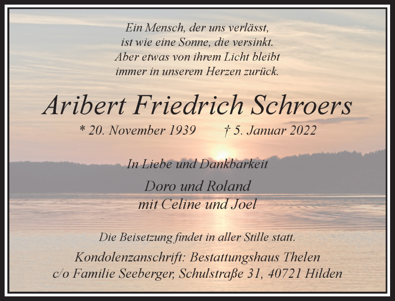  Traueranzeige für Aribert Friedrich Schroers vom 15.01.2022 aus Rheinische Post