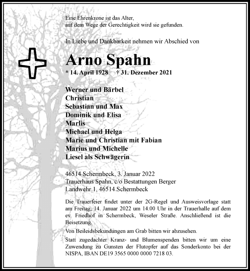  Traueranzeige für Arno Spahn vom 08.01.2022 aus Rheinische Post