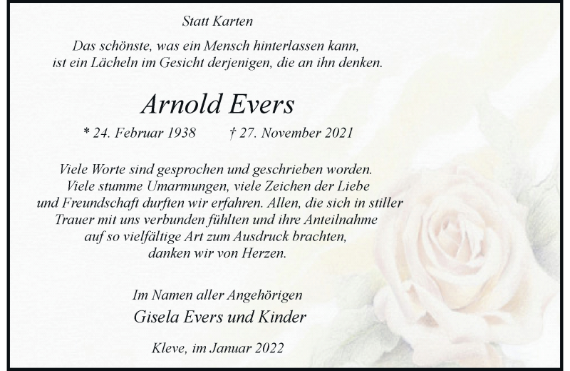  Traueranzeige für Arnold Evers vom 08.01.2022 aus Rheinische Post