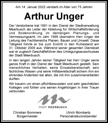 Traueranzeige von Arthur Unger von Rheinische Post
