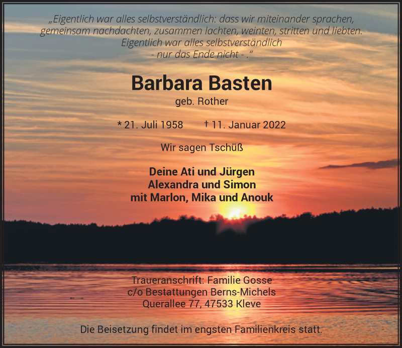  Traueranzeige für Barbara Basten vom 15.01.2022 aus Rheinische Post