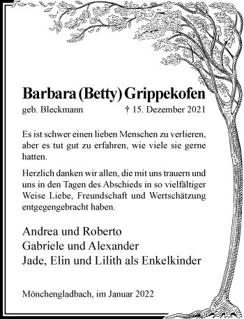 Traueranzeige von Barbara Grippekofen von Rheinische Post