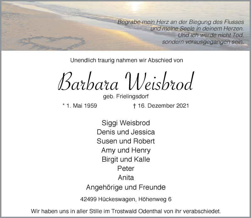  Traueranzeige für Barbara Weisbrod vom 15.01.2022 aus Rheinische Post