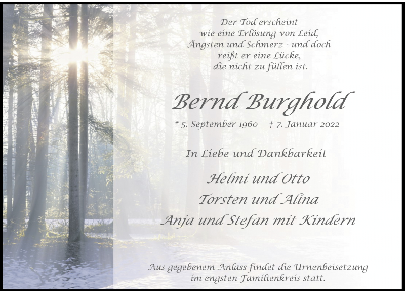  Traueranzeige für Bernd Burghold vom 15.01.2022 aus Rheinische Post