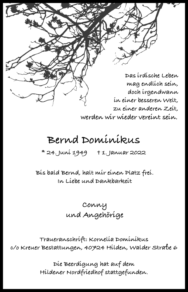  Traueranzeige für Bernd Dominikus vom 15.01.2022 aus Rheinische Post