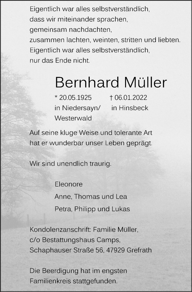  Traueranzeige für Bernhard Müller vom 15.01.2022 aus Rheinische Post