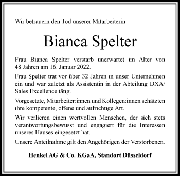 Traueranzeige von Bianca Spelter von Rheinische Post