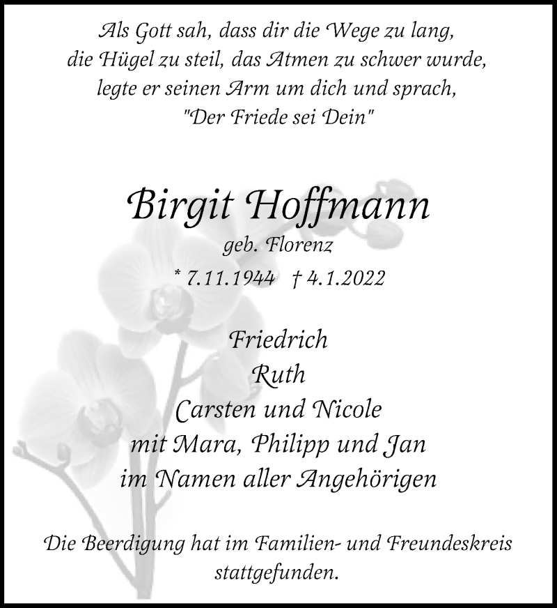  Traueranzeige für Birgit Hoffmann vom 15.01.2022 aus Rheinische Post