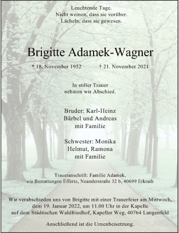 Traueranzeige von Brigitte Adamek-Wagner von Rheinische Post