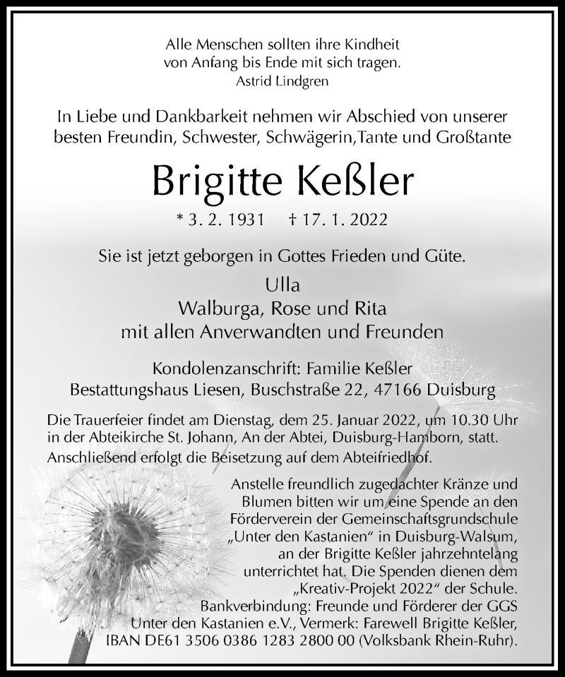  Traueranzeige für Brigitte Keßler vom 22.01.2022 aus Rheinische Post